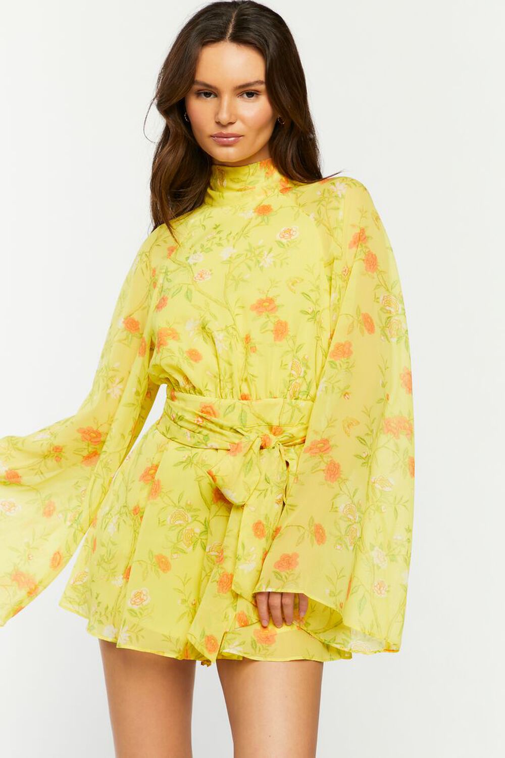 YELLOW/MULTI Floral Chiffon Bell-Sleeve Romper, image 1