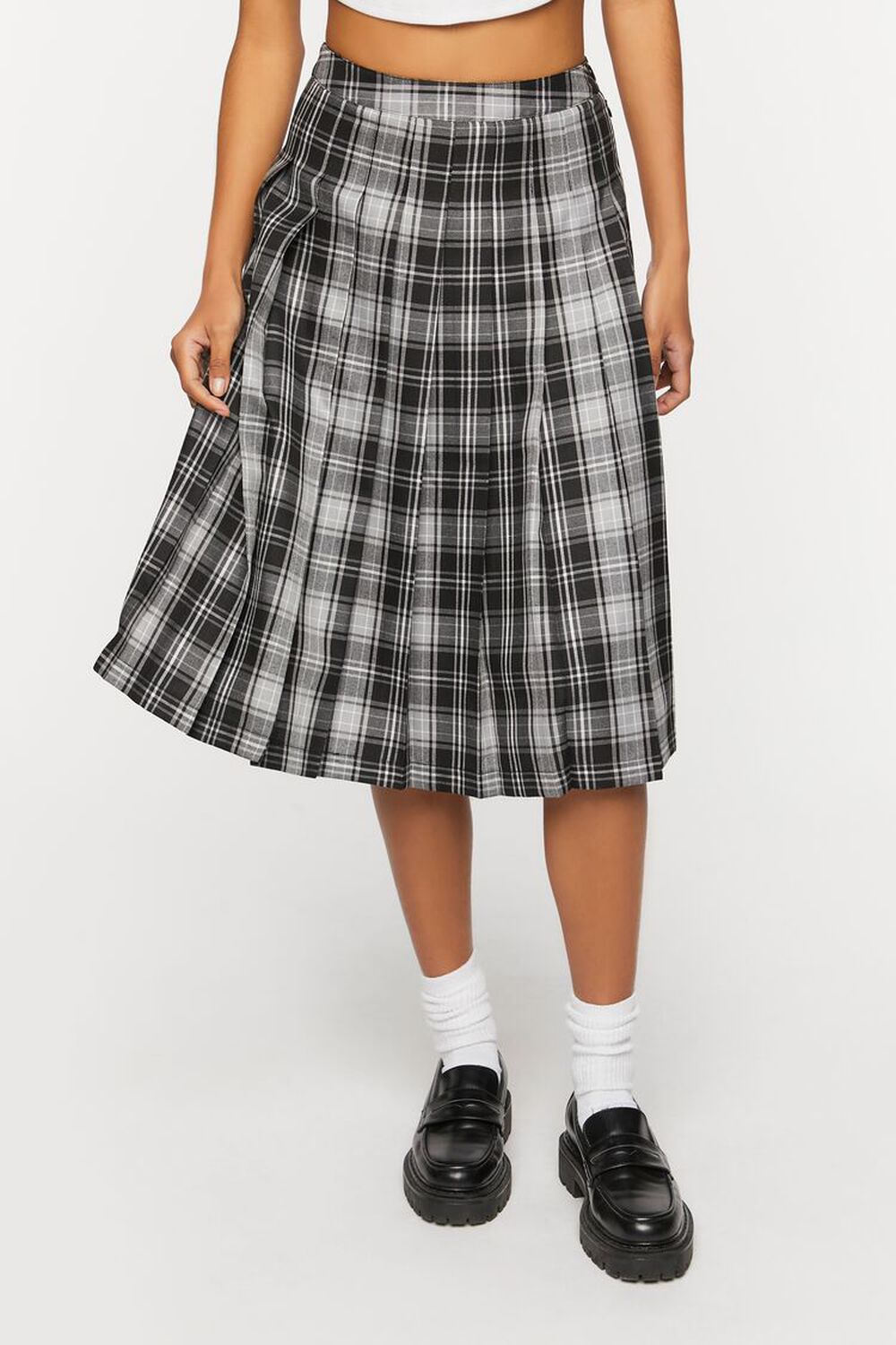 BLACK/MULTI Pleated Plaid Midi Skirt, image 2