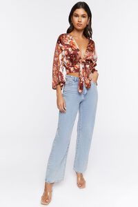 RUST/MULTI Satin Floral Print Tie-Front Top, image 4