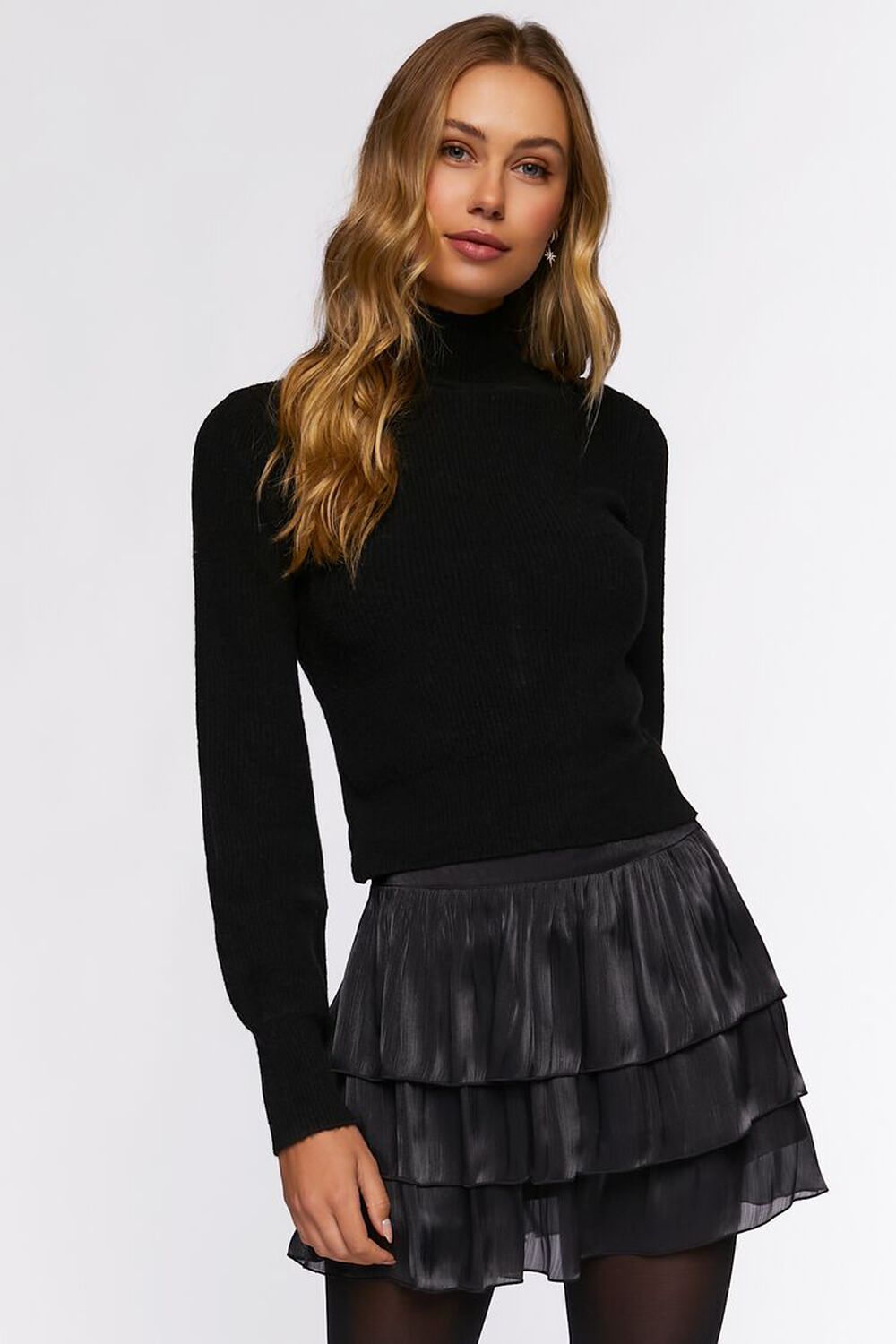BLACK Sheeny Tiered Mini Skirt, image 1