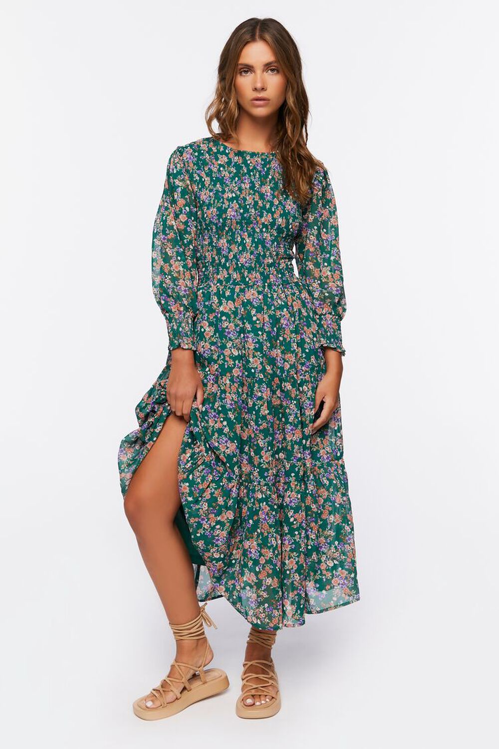 DARK GREEN/MULTI Floral Print Midi Dress, image 1