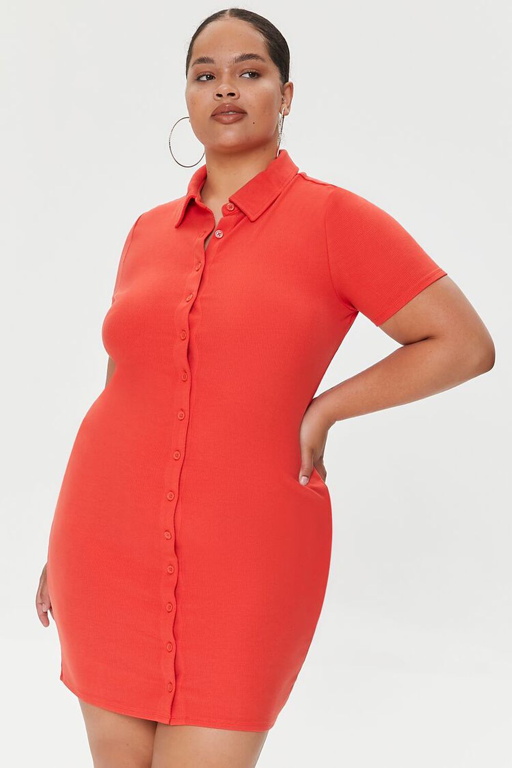 POMPEIAN RED  Plus Size Ribbed Shirt Dress, image 1