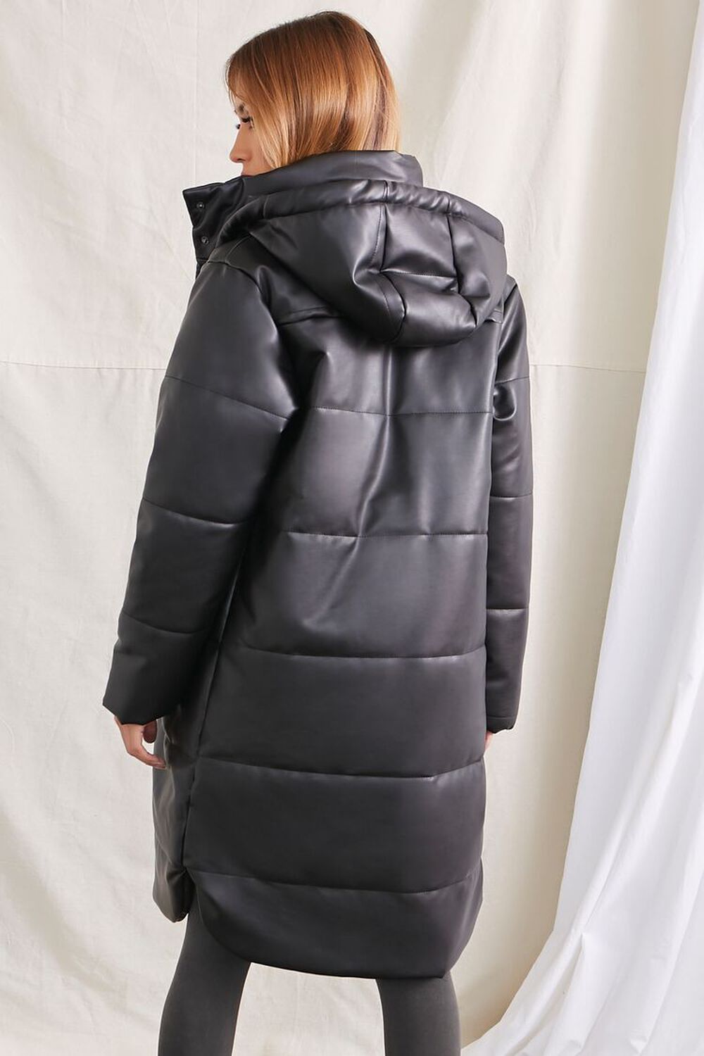BLACK Quilted Faux Leather Longline Jacket, image 3