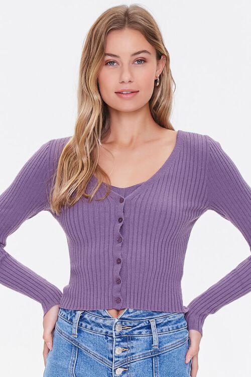 PURPLE Ribbed Knit Cardigan Sweater, image 5
