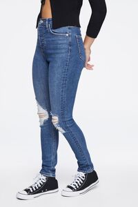 DARK DENIM Recycled Cotton Distressed High-Rise Skinny Jeans, image 2