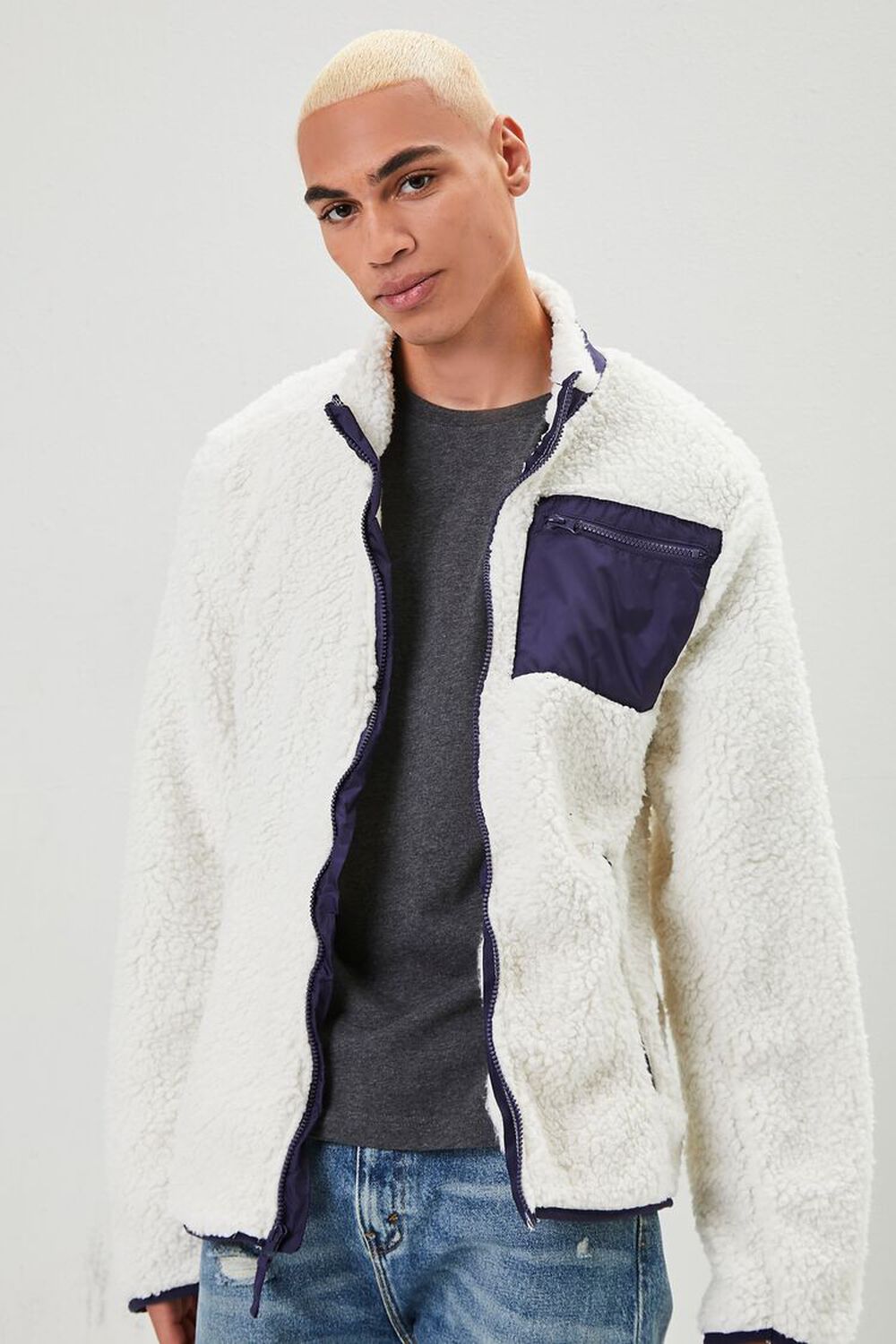 WHITE Faux Shearling Zip-Up Jacket, image 1
