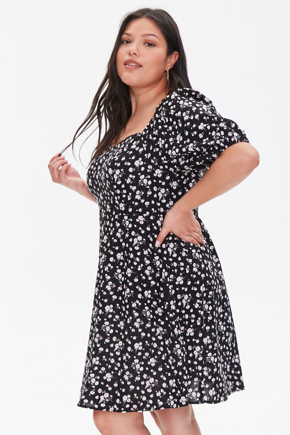 BLACK/CORAL Plus Size Floral Puff-Sleeve Dress, image 2