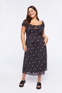 BLACK/MULTI Plus Size Floral Puff-Sleeve Midi Dress, image 2