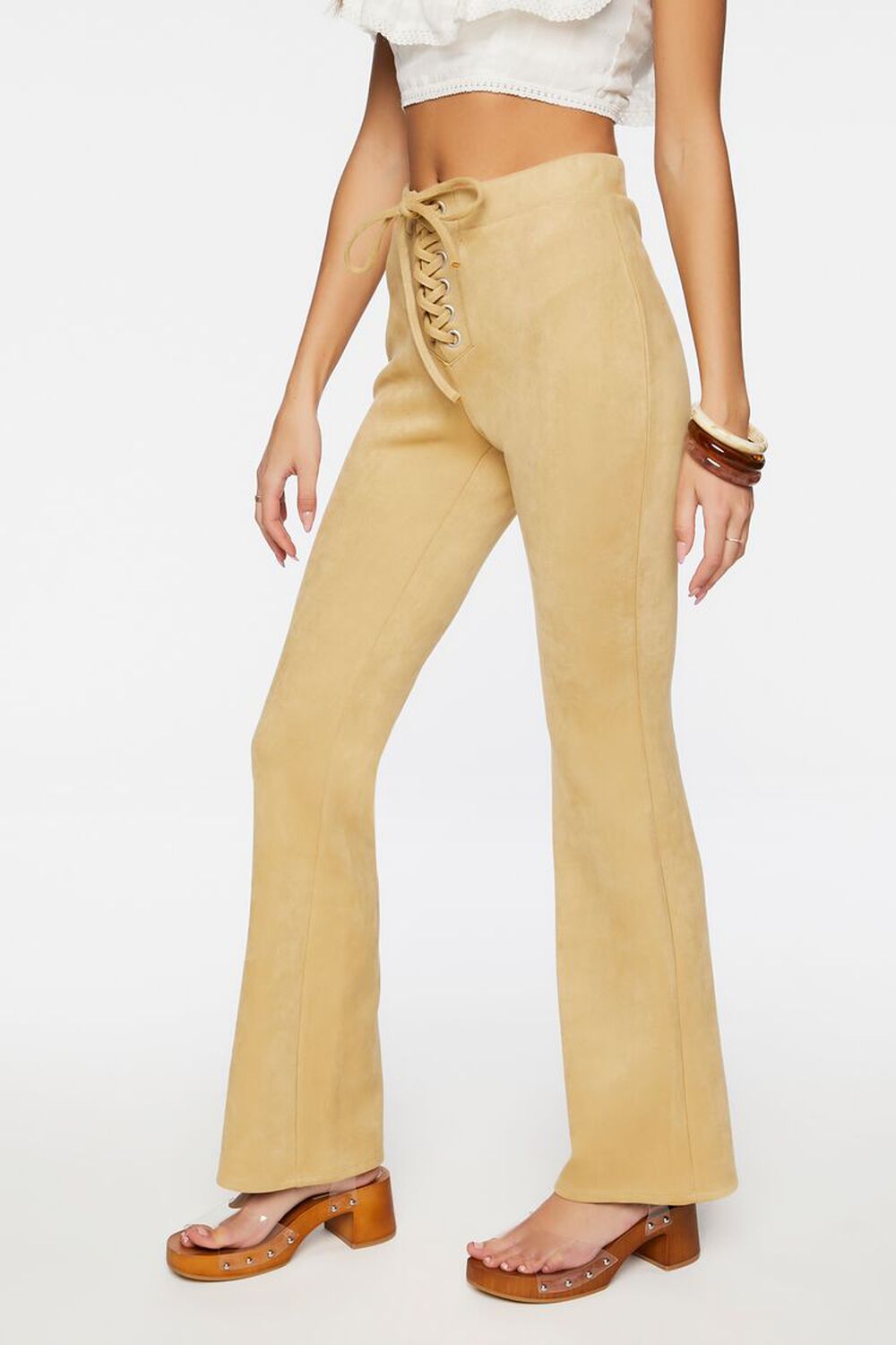 CAPPUCCINO Faux Suede Lace-Up Flare Pants, image 3