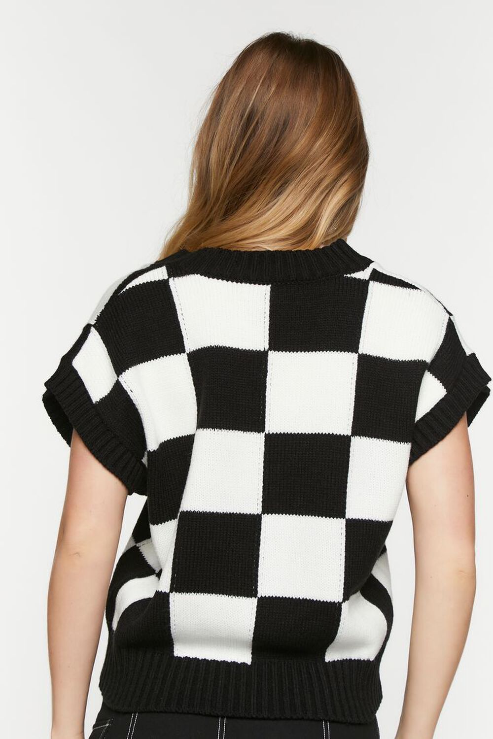 WHITE/BLACK Checkered V-Neck Sweater Vest, image 3
