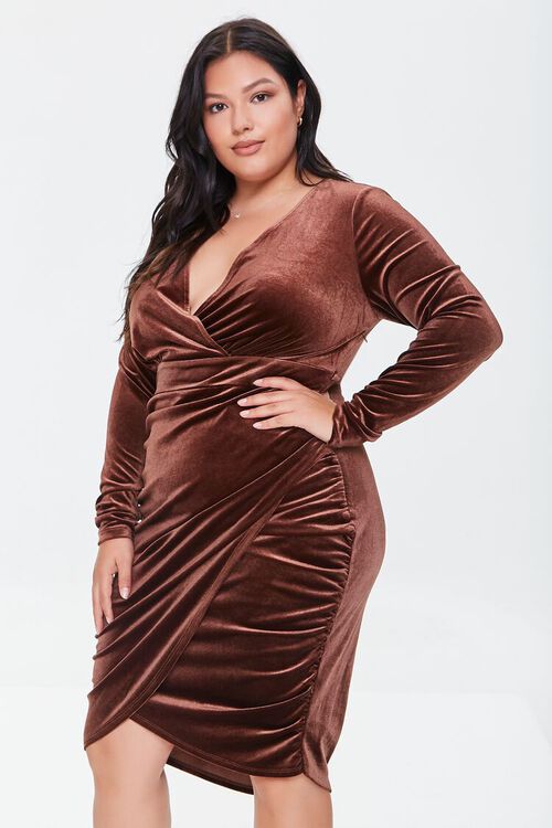 BROWN Plus Size Velour Shirred Dress, image 1