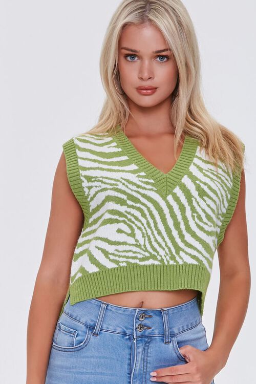 GREEN/WHITE Zebra Print Sweater Vest, image 1