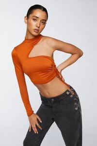 RUST Ruched Cutout One-Sleeve Crop Top, image 1