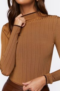 TAN/WALNUT Ribbed Sweater-Knit Mock Neck Top, image 5
