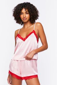 PINK/RED Satin Lace-Trim Cami & Shorts Pajama Set, image 1