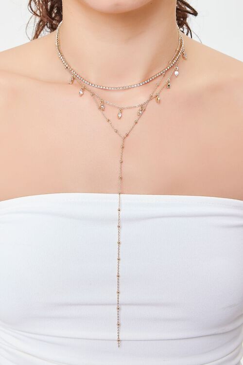 GOLD/CLEAR Rhinestone Y-Chain Layered Necklace, image 1