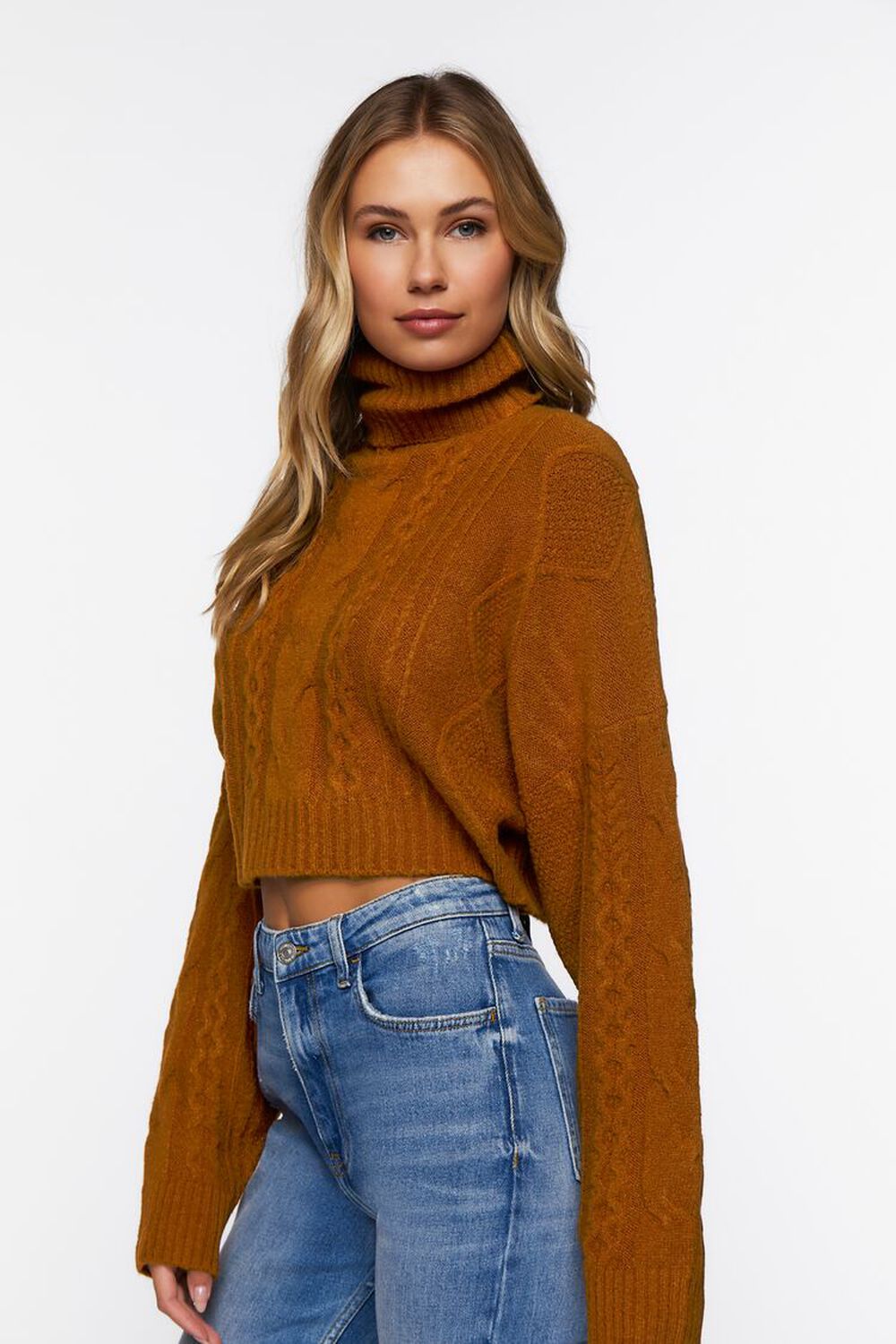 BROWN Cropped Cable Knit Turtleneck Sweater, image 2
