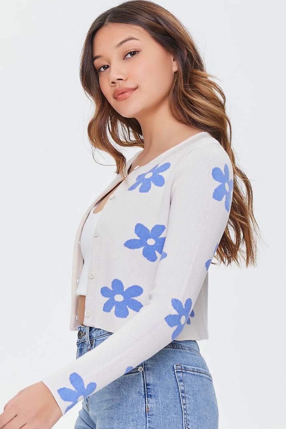CREAM/BLUE Daisy Floral Cardigan Sweater, image 2