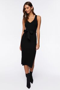 BLACK Belted Ribbed M-Slit Midi Dress, image 1