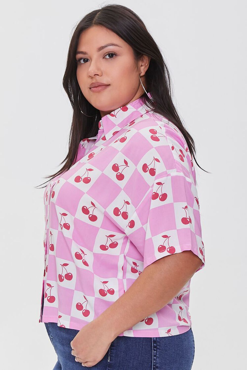 PINK/RED Plus Size Checkered Cherry Print Shirt, image 2