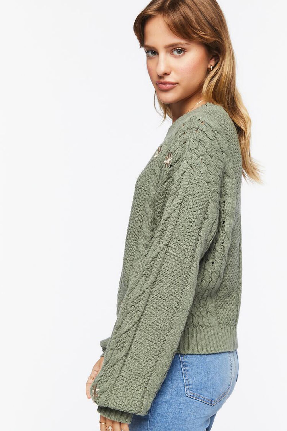 GREEN/TAN Embroidered Floral Cable Knit Sweater, image 3