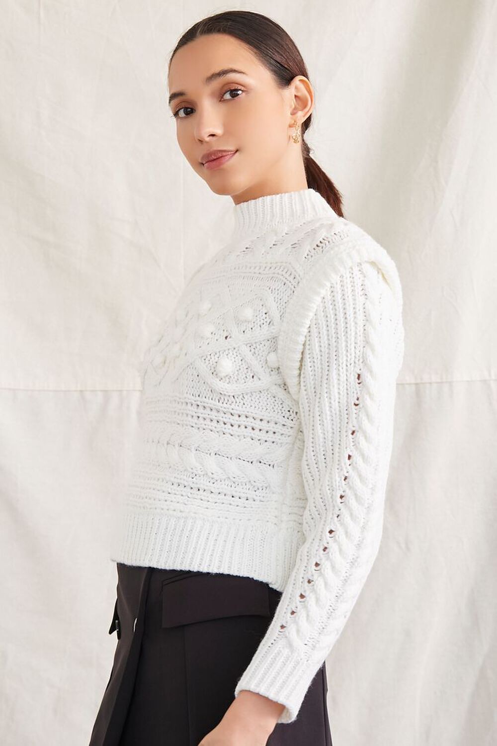 WHITE Pom Pom Cable Knit Sweater, image 2