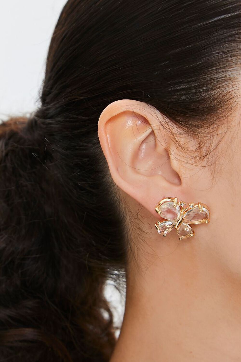 CLEAR/GOLD Faux Gem Butterfly Stud Earrings, image 1