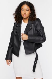 BLACK Plus Size Faux Leather Moto Jacket, image 6