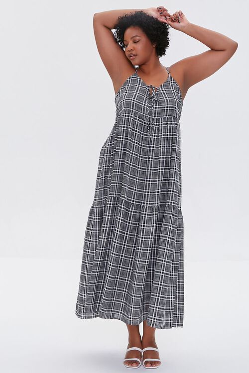 BLACK/CREAM Plus Size Plaid Cami Maxi Dress, image 1