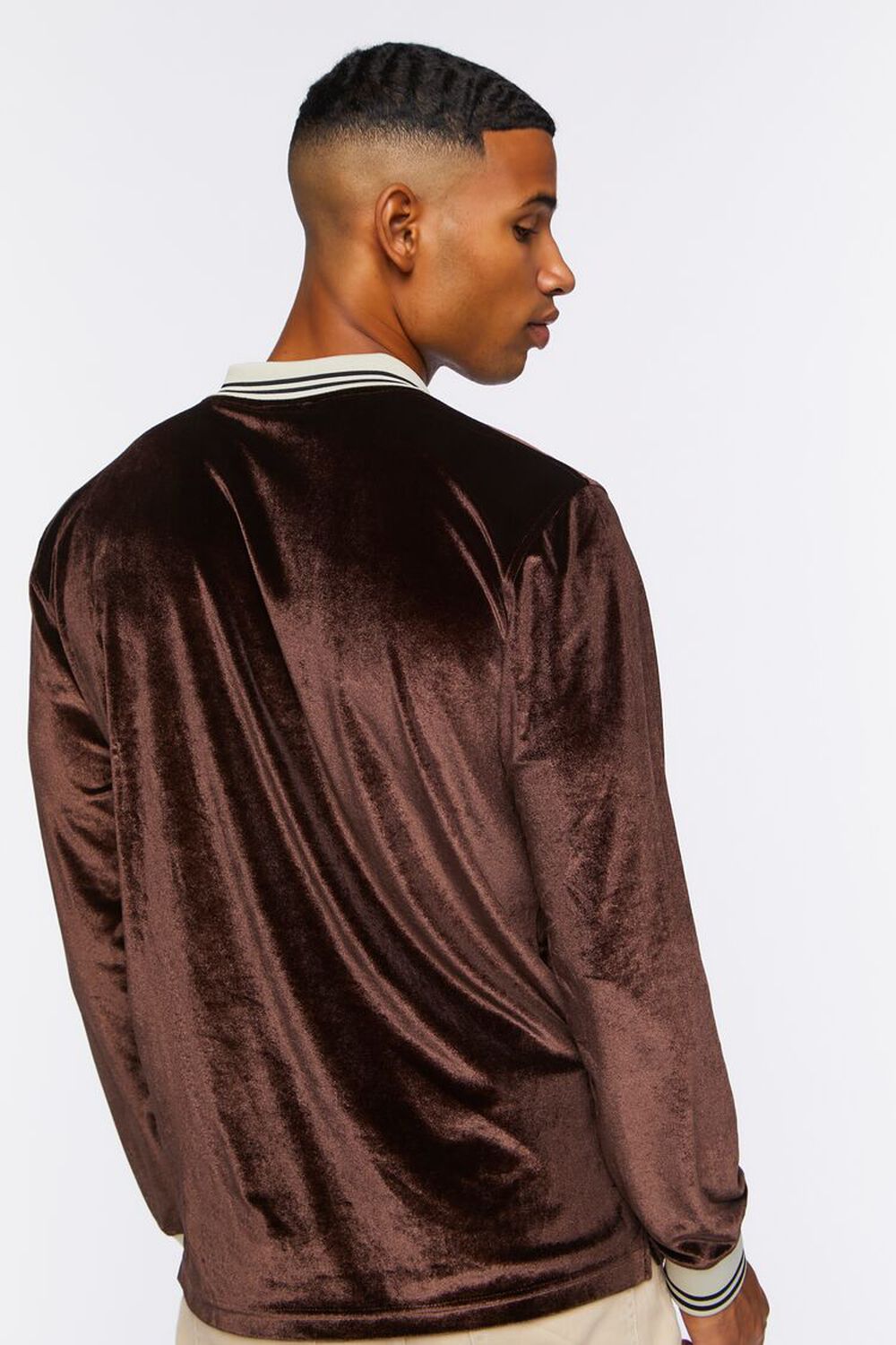 DARK BROWN Velour Contrast Striped-Trim Shirt, image 3