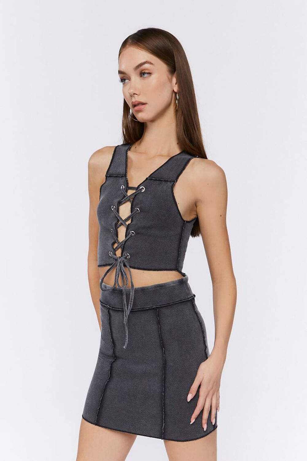 CHARCOAL Lace-Up Crop Top & Mini Skirt Set, image 2