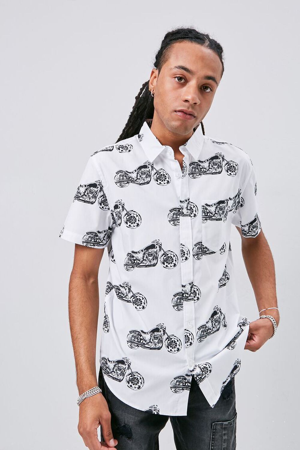 WHITE/MULTI Motorcycle Print Fitted Shirt, image 1