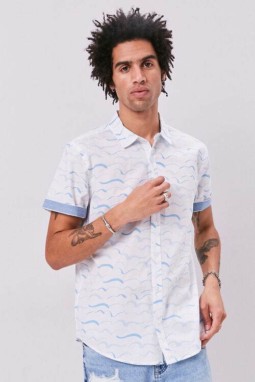 WHITE/BLUE Wave Print Fitted Shirt, image 1