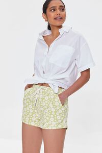 GREEN BANANA/CREAM Floral Drawstring Twill Shorts, image 1