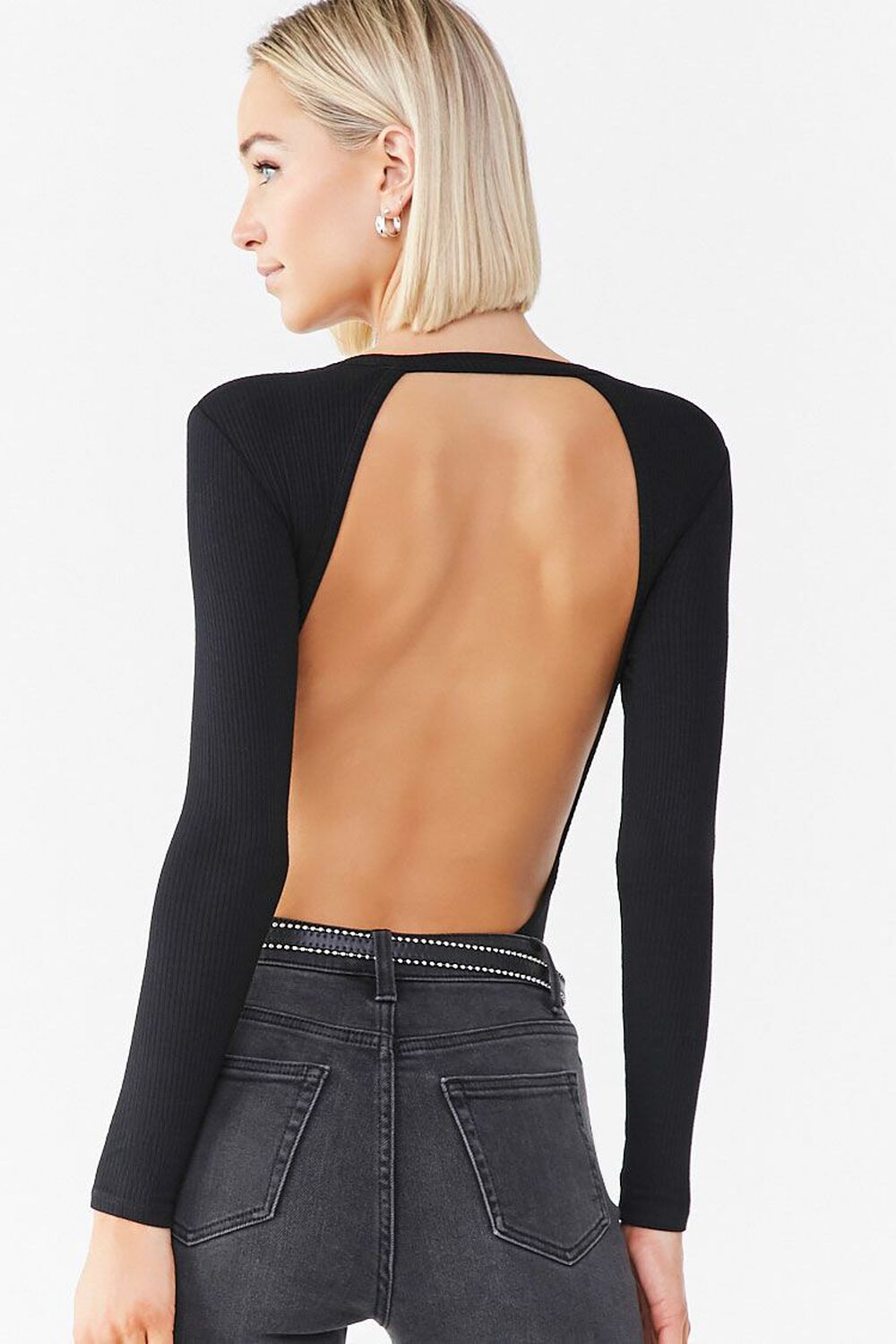 BLACK Ribbed Open-Back Bodysuit, image 3