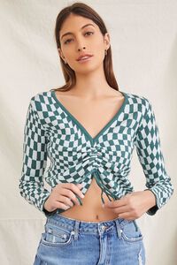 GREEN/MULTI Checkered Ruched Cropped Sweater, image 5