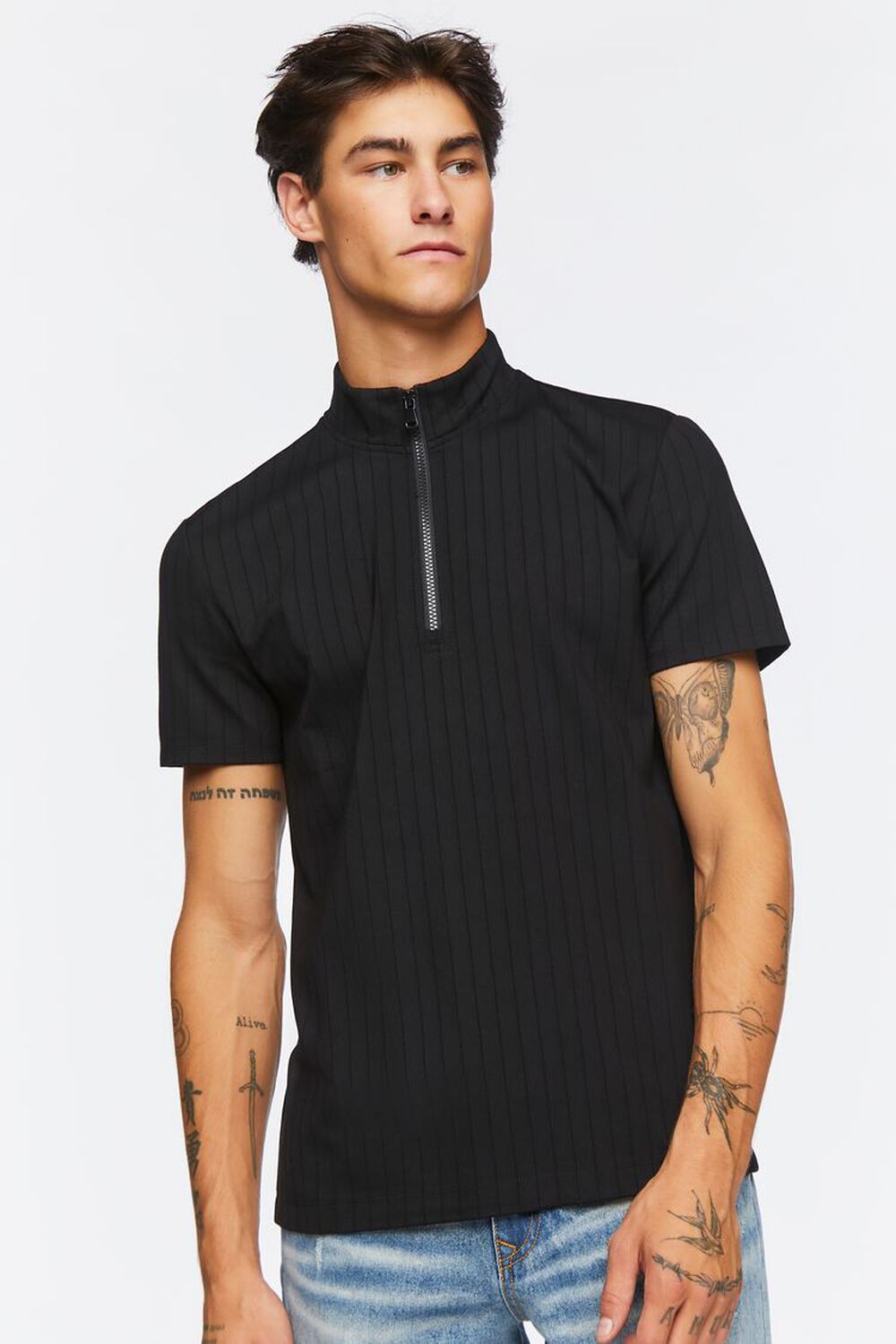 BLACK Half-Zip Textured Funnel Neck Shirt, image 1