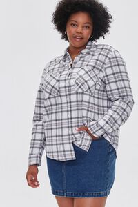 WHITE/MULTI Plus Size Dual-Pocket Flannel Plaid Shirt, image 1