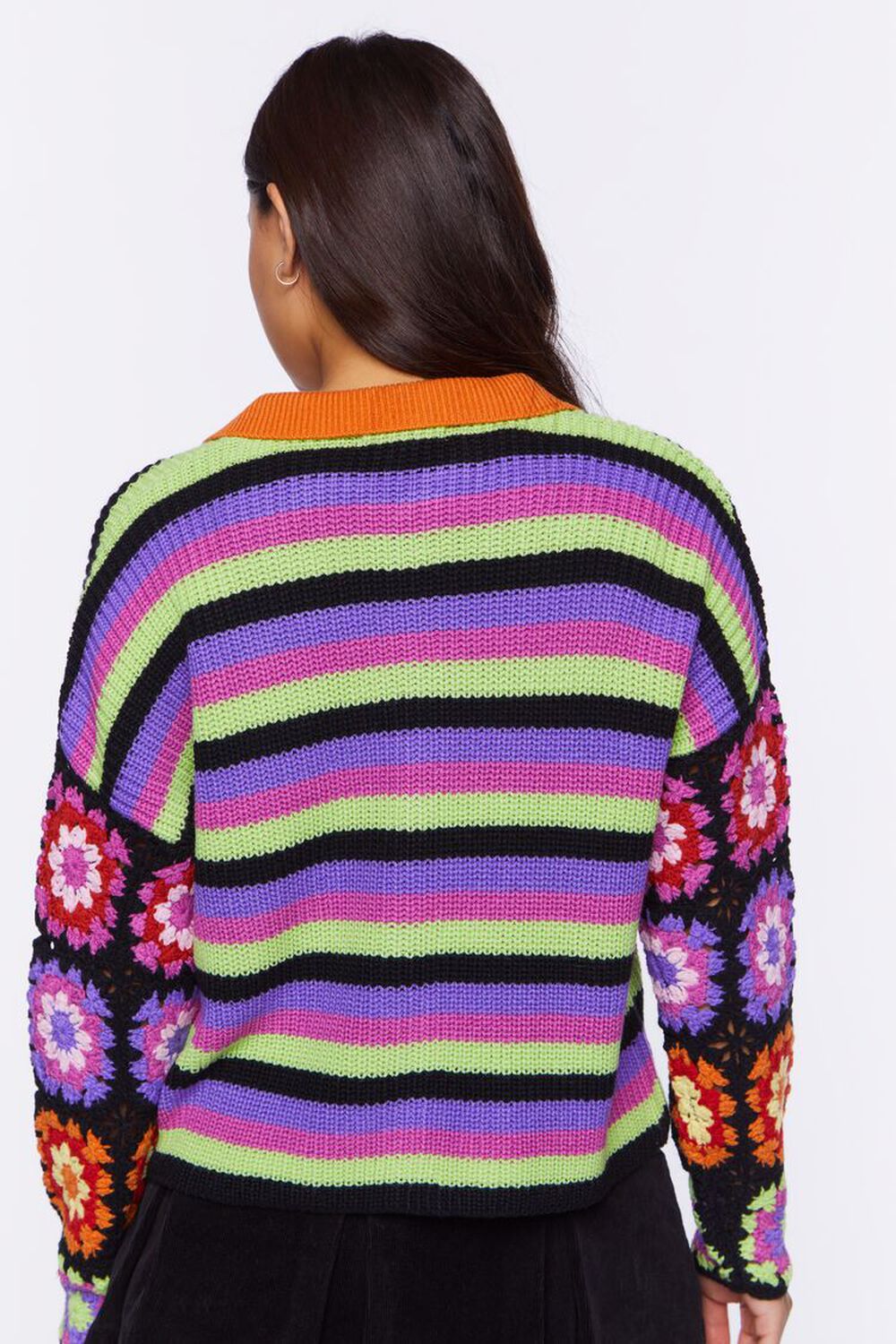 BLACK/MULTI Crochet-Sleeve Striped Zip-Up Sweater, image 3