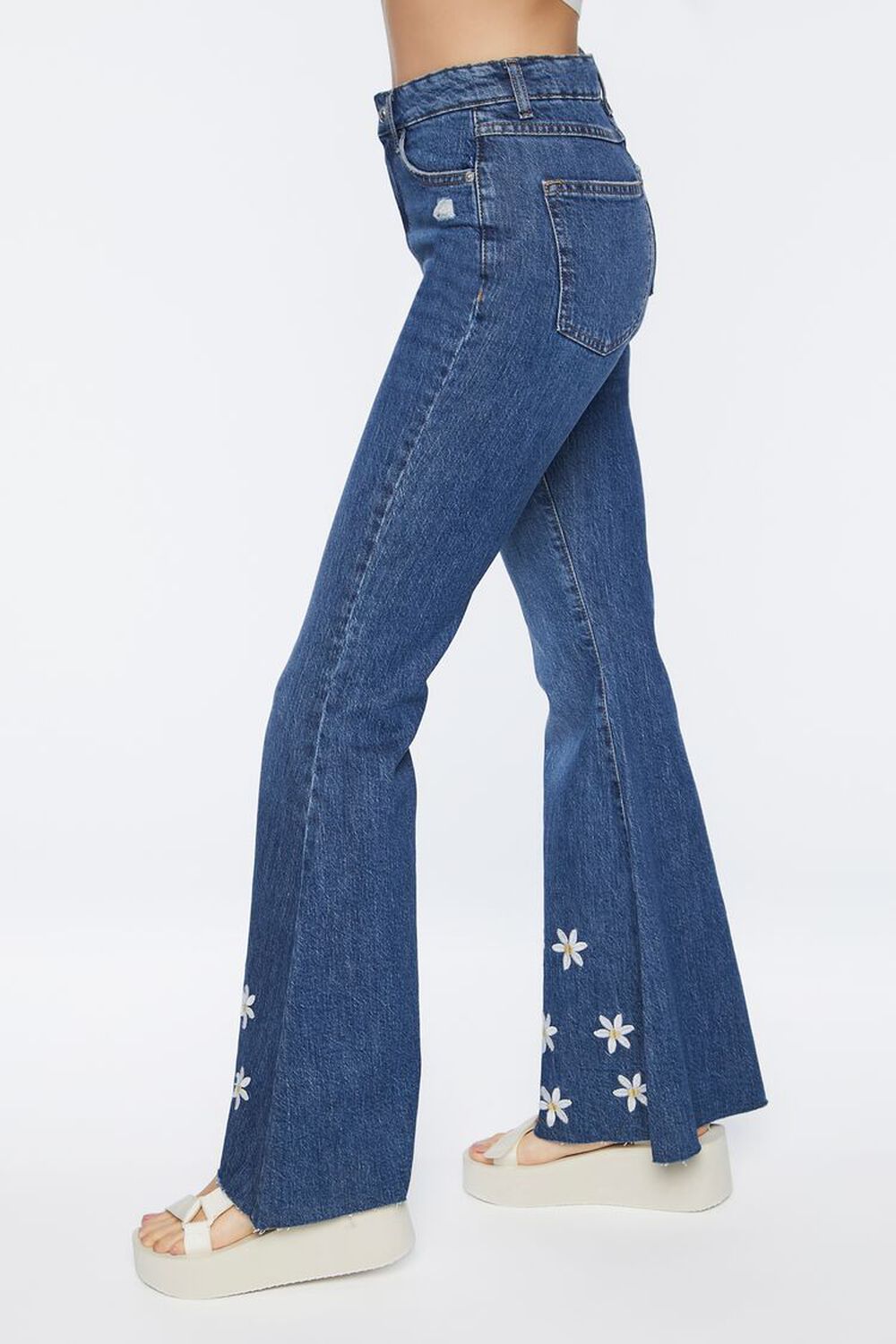 MEDIUM DENIM Recycled Cotton Embroidered Floral Flare Jeans, image 3