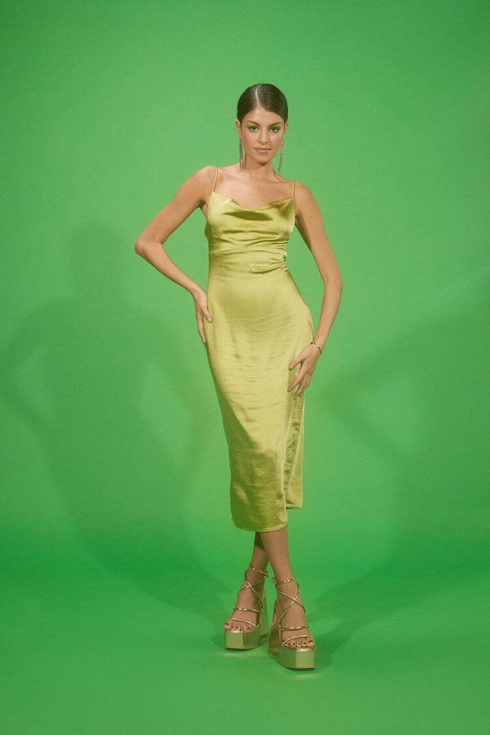 HERBAL GREEN Satin Cowl Midi Slip Dress, image 1