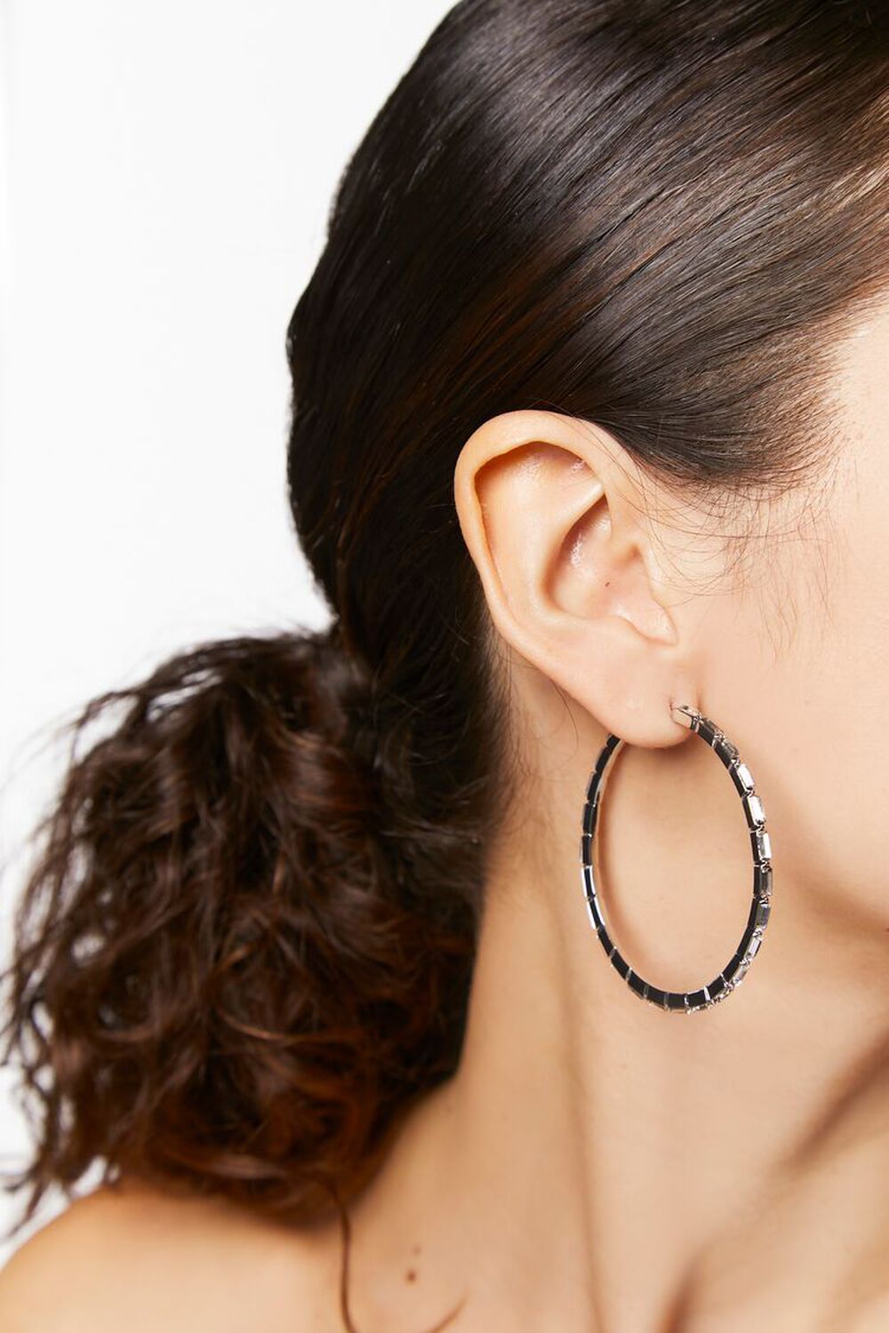SILVER Rhinestone Box Chain Hoop Earrings, image 1