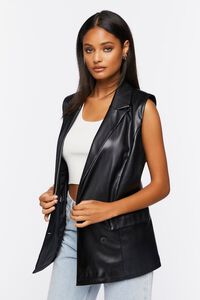 BLACK Faux Leather Double-Breasted Vest, image 1