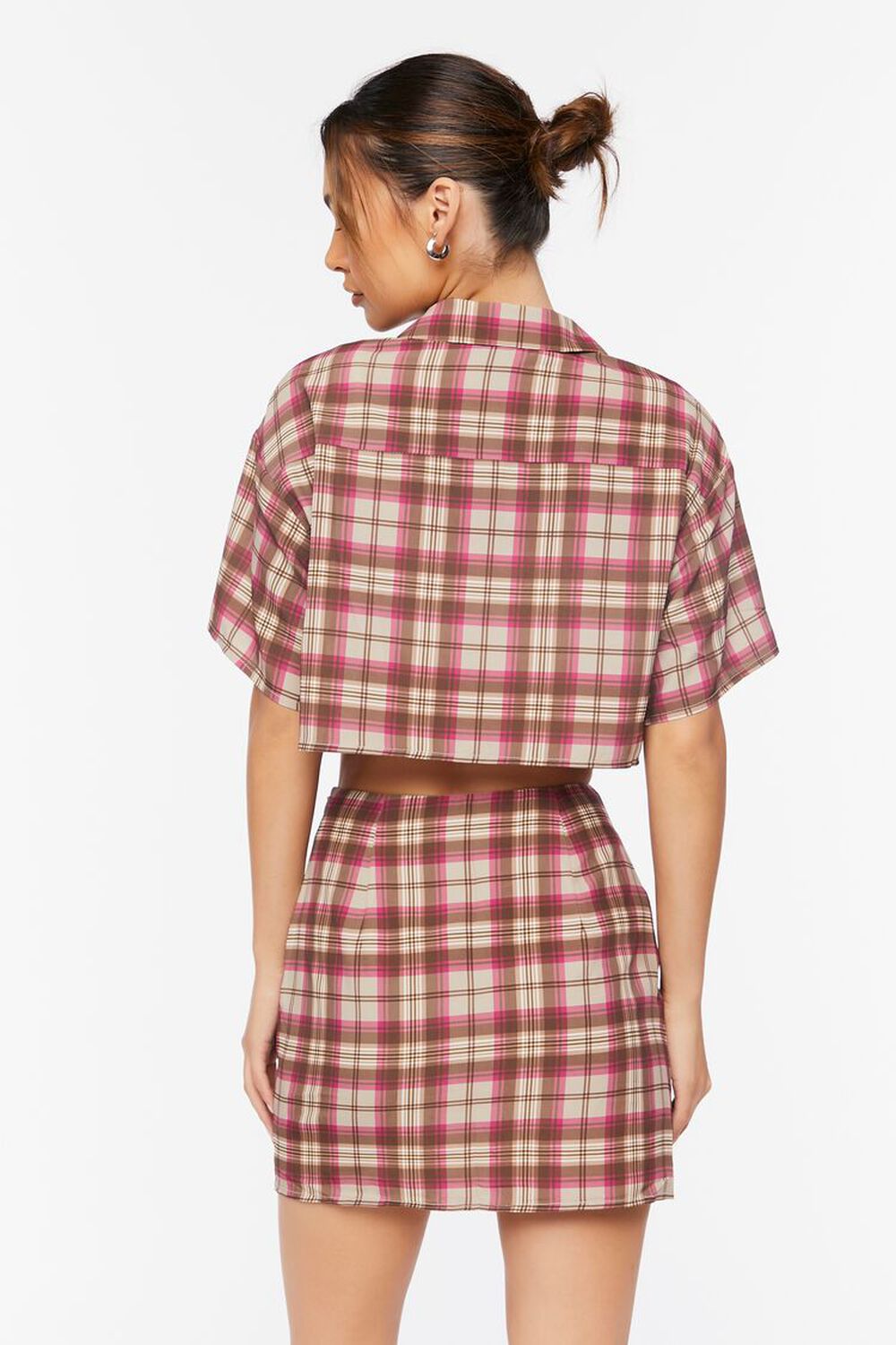 TAN/MULTI Plaid Cropped Shirt & Skirt Set, image 3