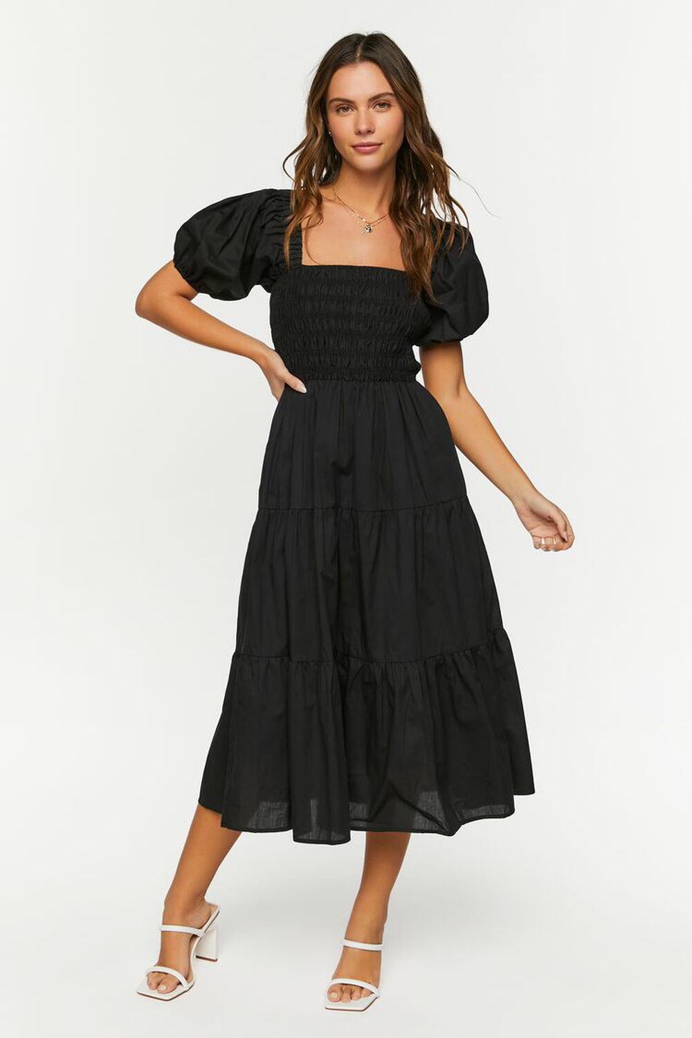 BLACK Smocked Puff-Sleeve Dress, image 1