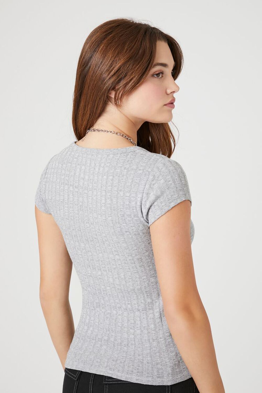 HEATHER GREY Rib-Knit Buttoned Baby Tee, image 3