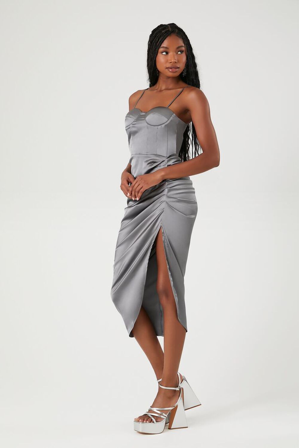 GREY Satin Ruched Bustier Midi Dress, image 2