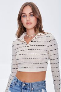 BEIGE/BLACK Striped Cropped Polo Shirt, image 1