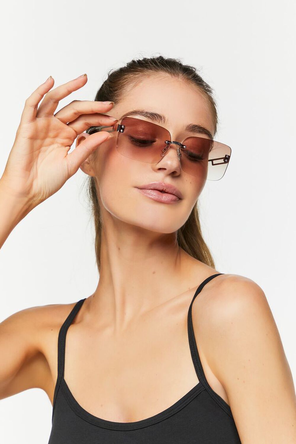 Tinted Rectangular Rimless Sunglasses, image 2