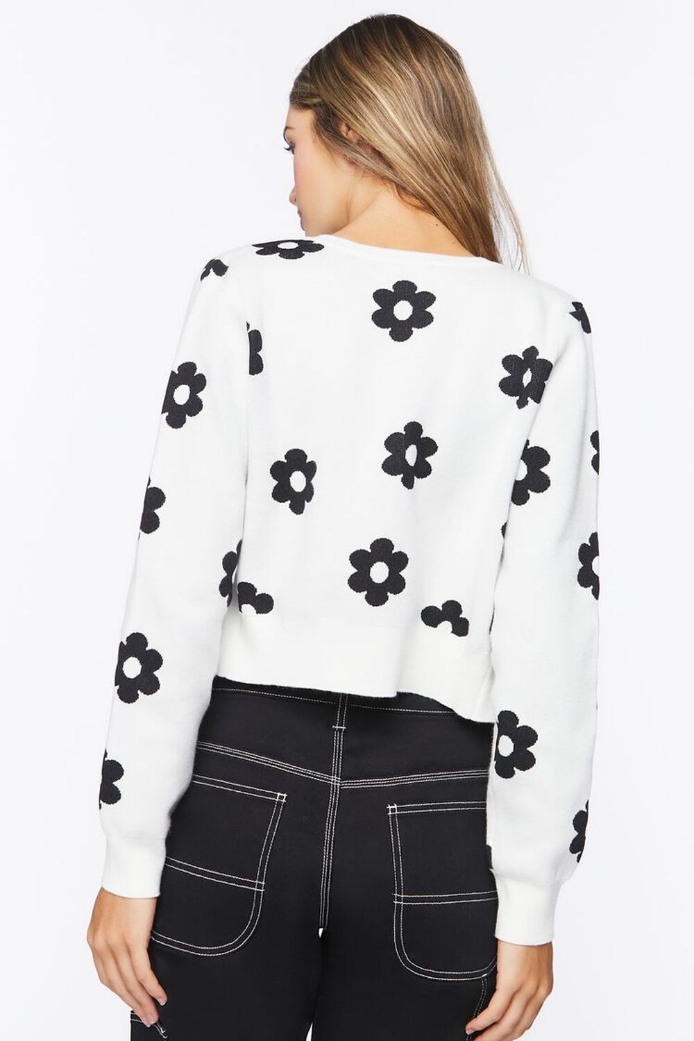 WHITE/BLACK Floral Print Cardigan Sweater, image 3
